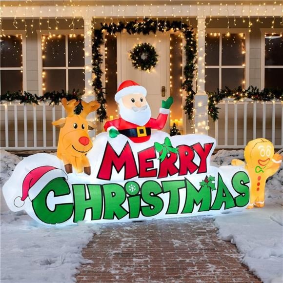 9.5 FT Christmas Inflatable Merry Christmas Sign with Santa & Gingerman Decor